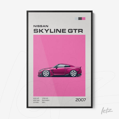quadro com ilustração do carro Nissan Skyline GTR em estilo minimalista com fundo rosa e moldura preta