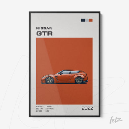 quadro decorativo com ilustração do carro Nissan GTR em fundo laranja e moldura preta