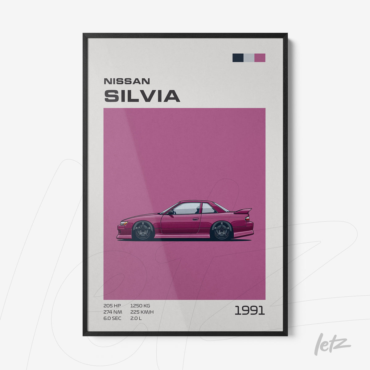 quadro com ilustração digital de um Nissan Silvia rosa sobre fundo roxo, moldura preta e detalhes em azul e vermelho