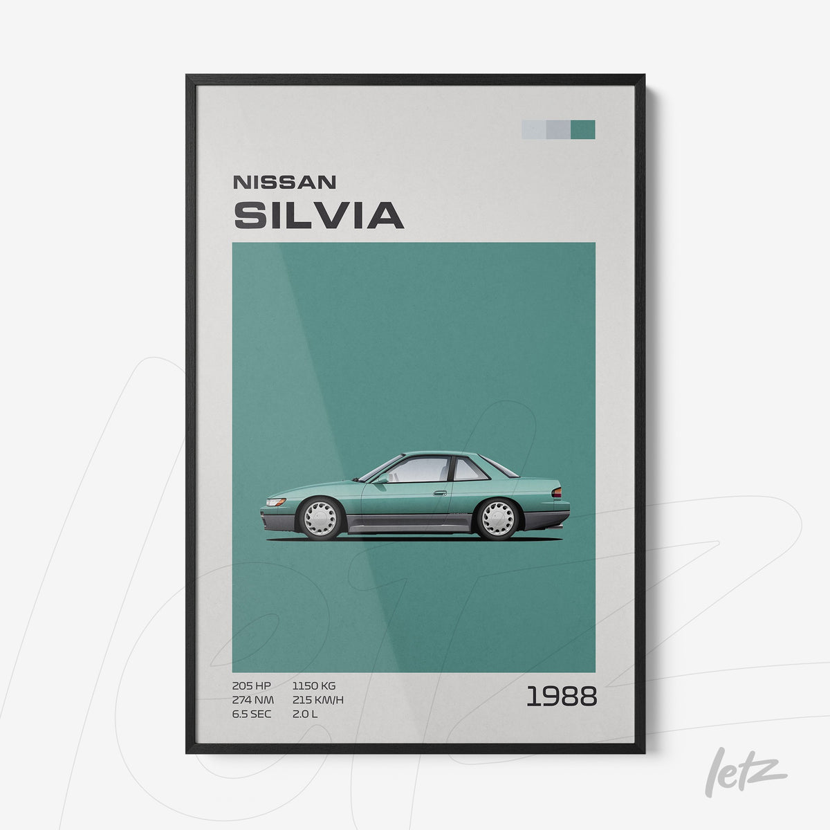 quadro com ilustração do carro Nissan Silvia de 1988 em moldura preta