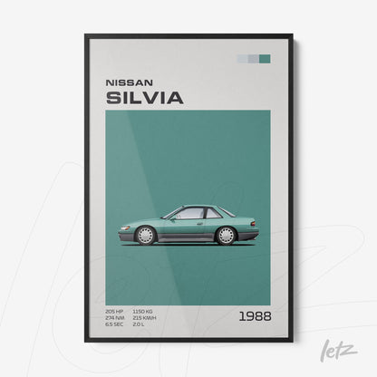 quadro com ilustração do carro Nissan Silvia de 1988 em moldura preta