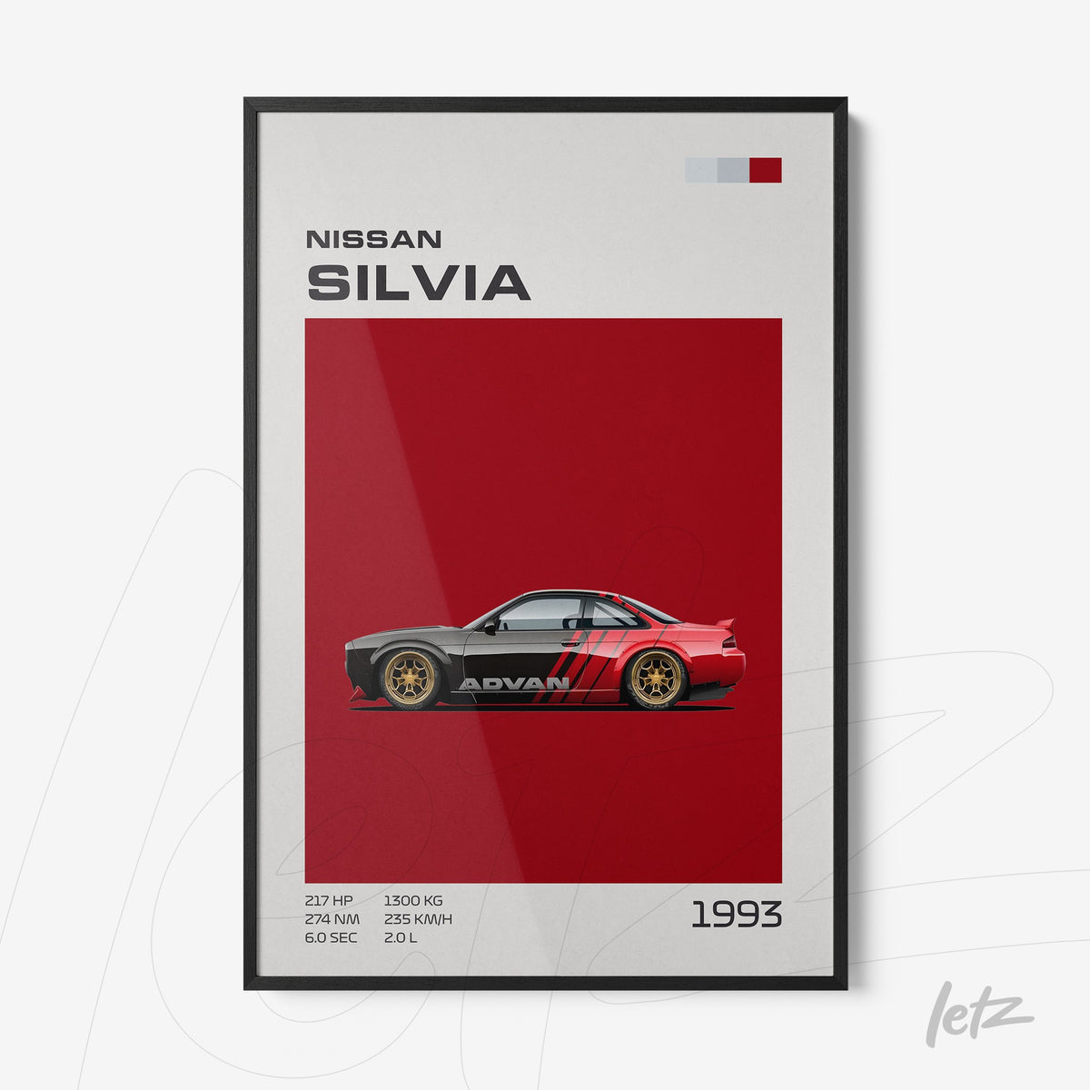 quadro com ilustração de carro Nissan Silvia modelo 1993 em fundo vermelho, moldura preta