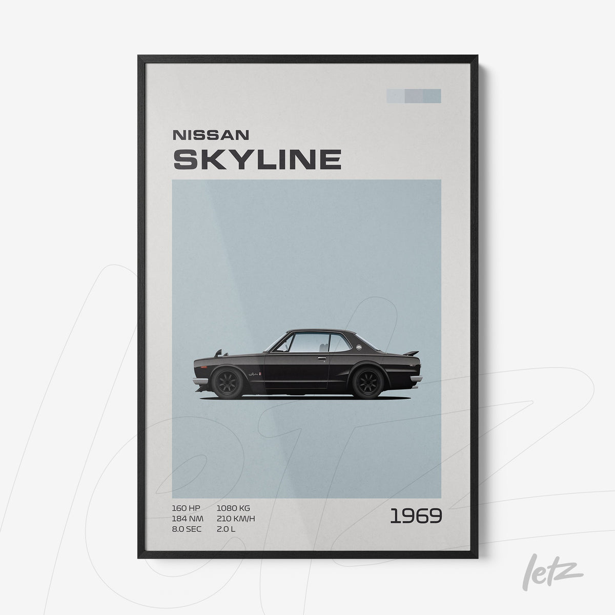 quadro com arte minimalista do carro Nissan Skyline 1969 em moldura preta