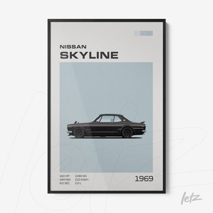 quadro com arte minimalista do carro Nissan Skyline 1969 em moldura preta