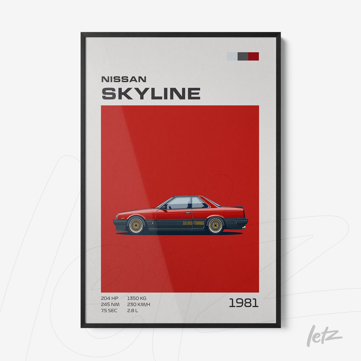 quadro com ilustração do carro Nissan Skyline de 1981 em fundo vermelho e moldura preta