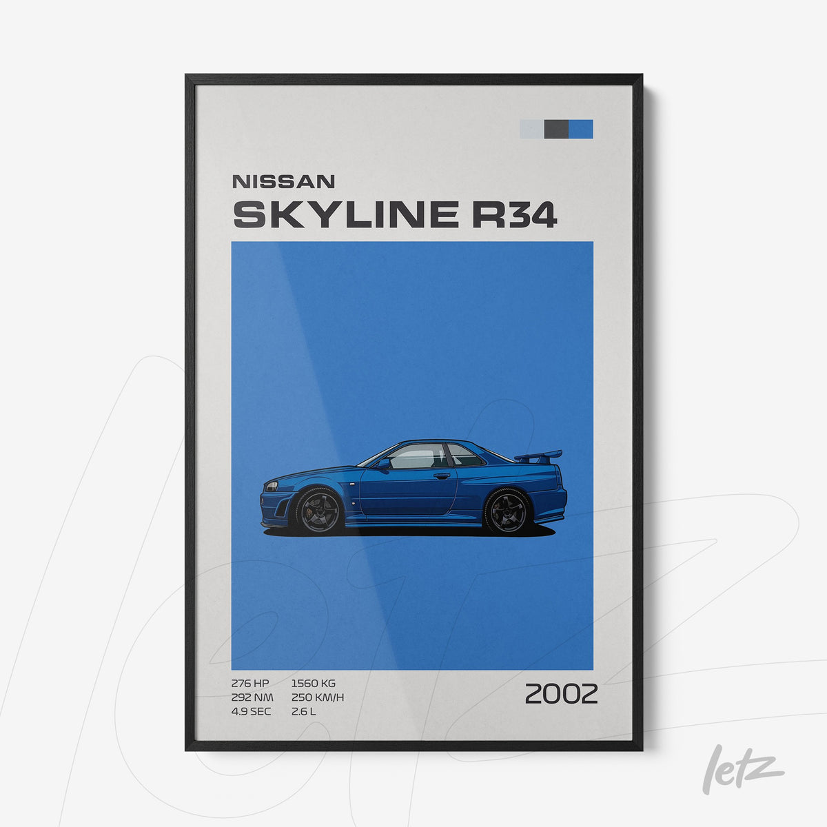 quadro em moldura preta com ilustração do carro Nissan Skyline R34 em um fundo azul vibrante