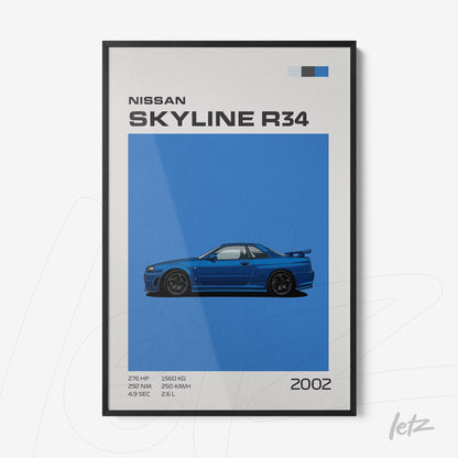 quadro em moldura preta com ilustração do carro Nissan Skyline R34 em um fundo azul vibrante