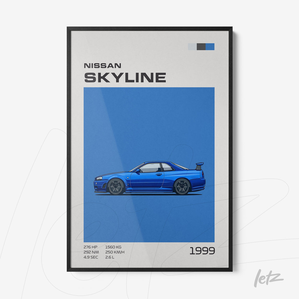 quadro com arte digital do carro Nissan Skyline 1999 em fundo azul com moldura preta