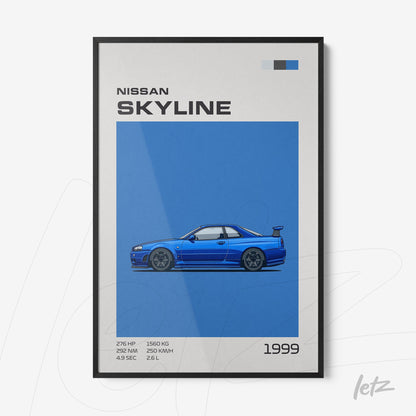 quadro com arte digital do carro Nissan Skyline 1999 em fundo azul com moldura preta