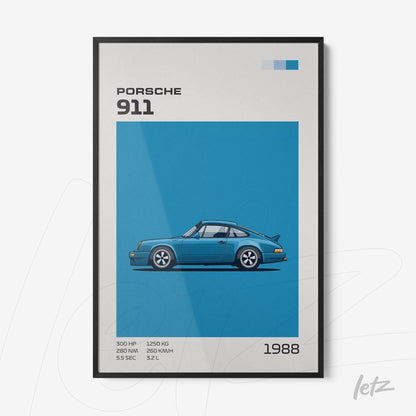 quadro com ilustração estilizada do carro Porsche 911 de 1988 em moldura preta