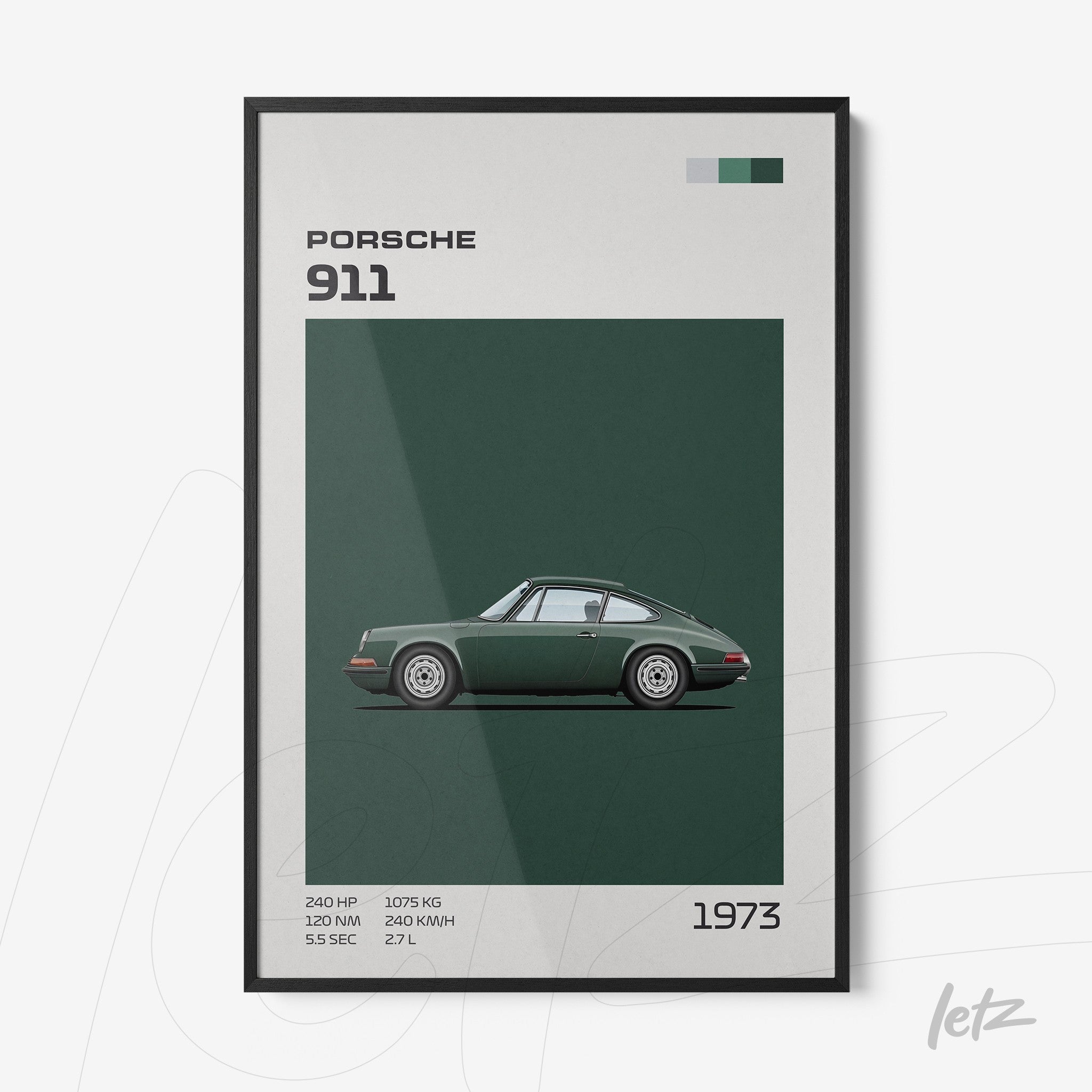 quadro com ilustração do carro Porsche 911 em fundo verde escuro com moldura preta