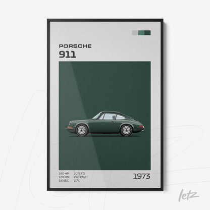 quadro com ilustração do carro Porsche 911 em fundo verde escuro com moldura preta