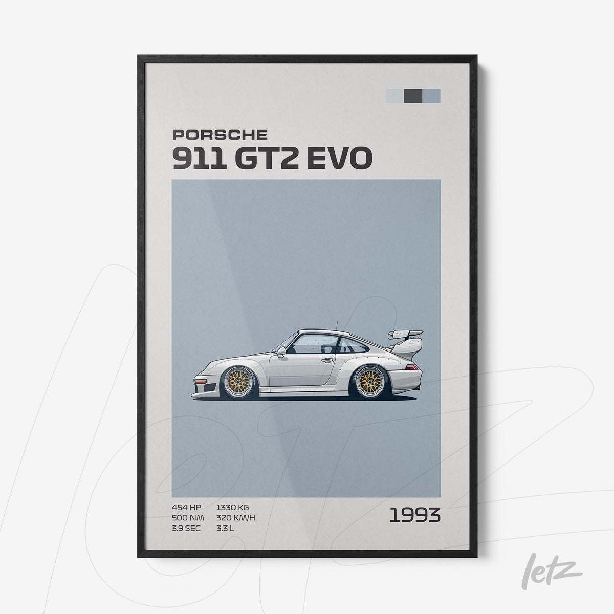 quadro com ilustração digital do Porsche 911 GT2 Evo de 1993 em moldura preta