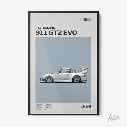 quadro com ilustração digital do Porsche 911 GT2 Evo de 1993 em moldura preta