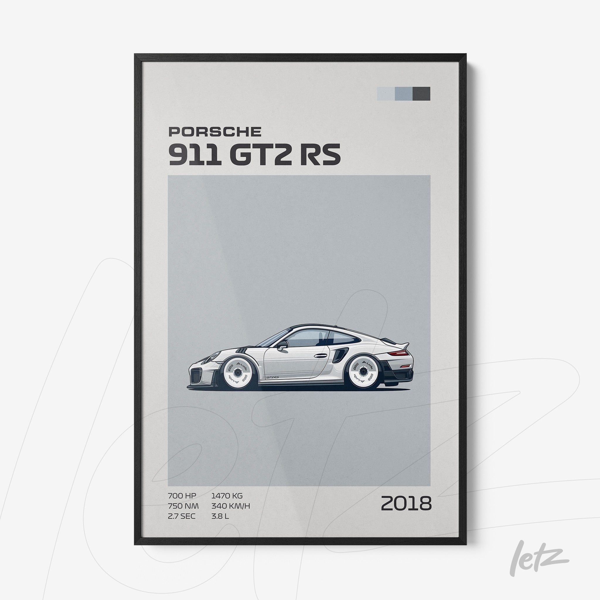 quadro com arte digital do carro esportivo Porsche 911 GT2 RS em moldura preta