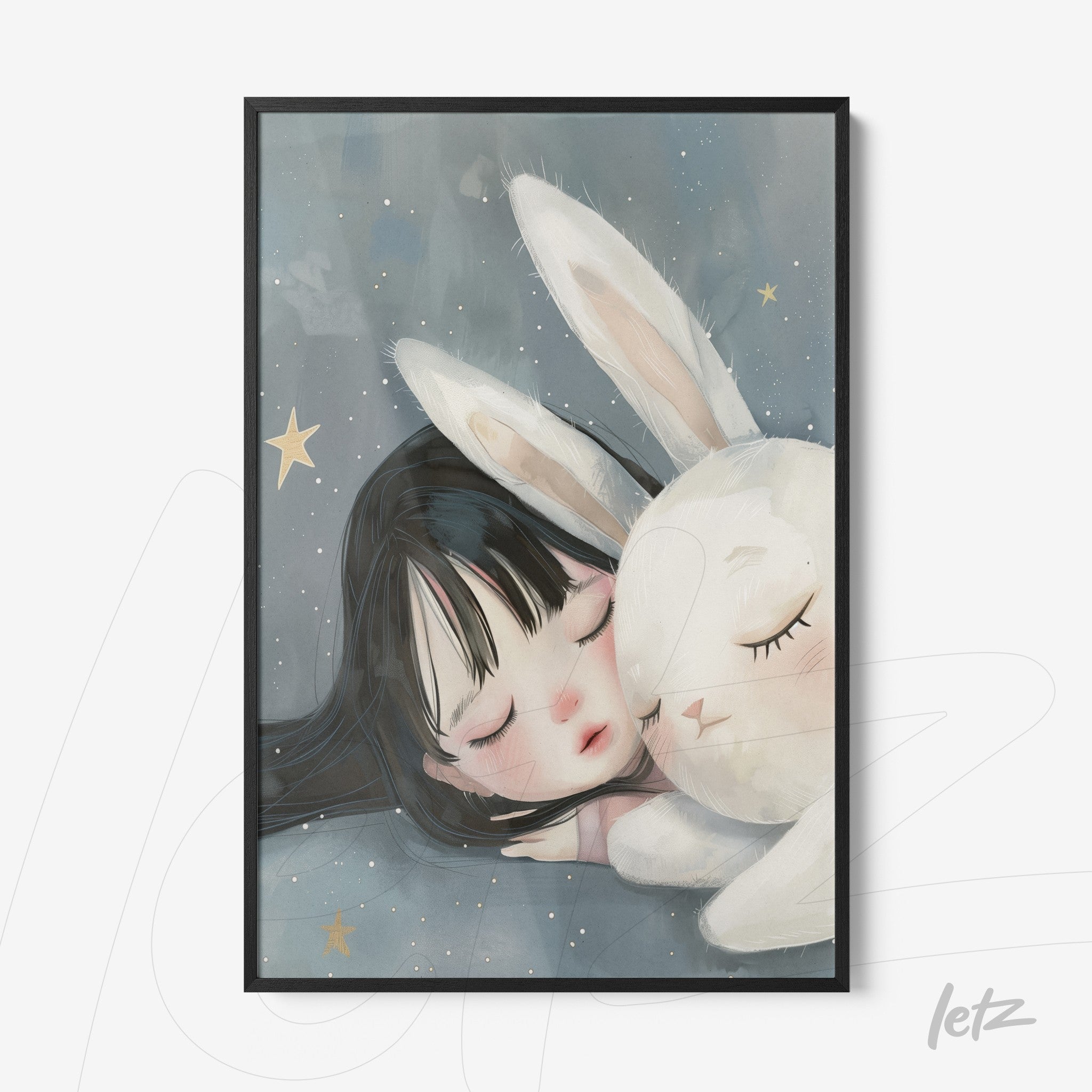 quadro com ilustração de menina adormecida ao lado de coelho branco, com fundo azul escuro e estrelas douradas, em moldura preta