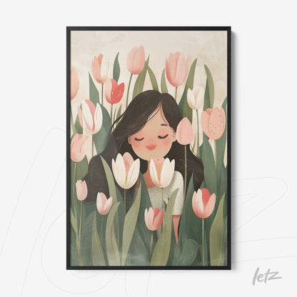 quadro com ilustração de menina em campo de tulipas com moldura preta