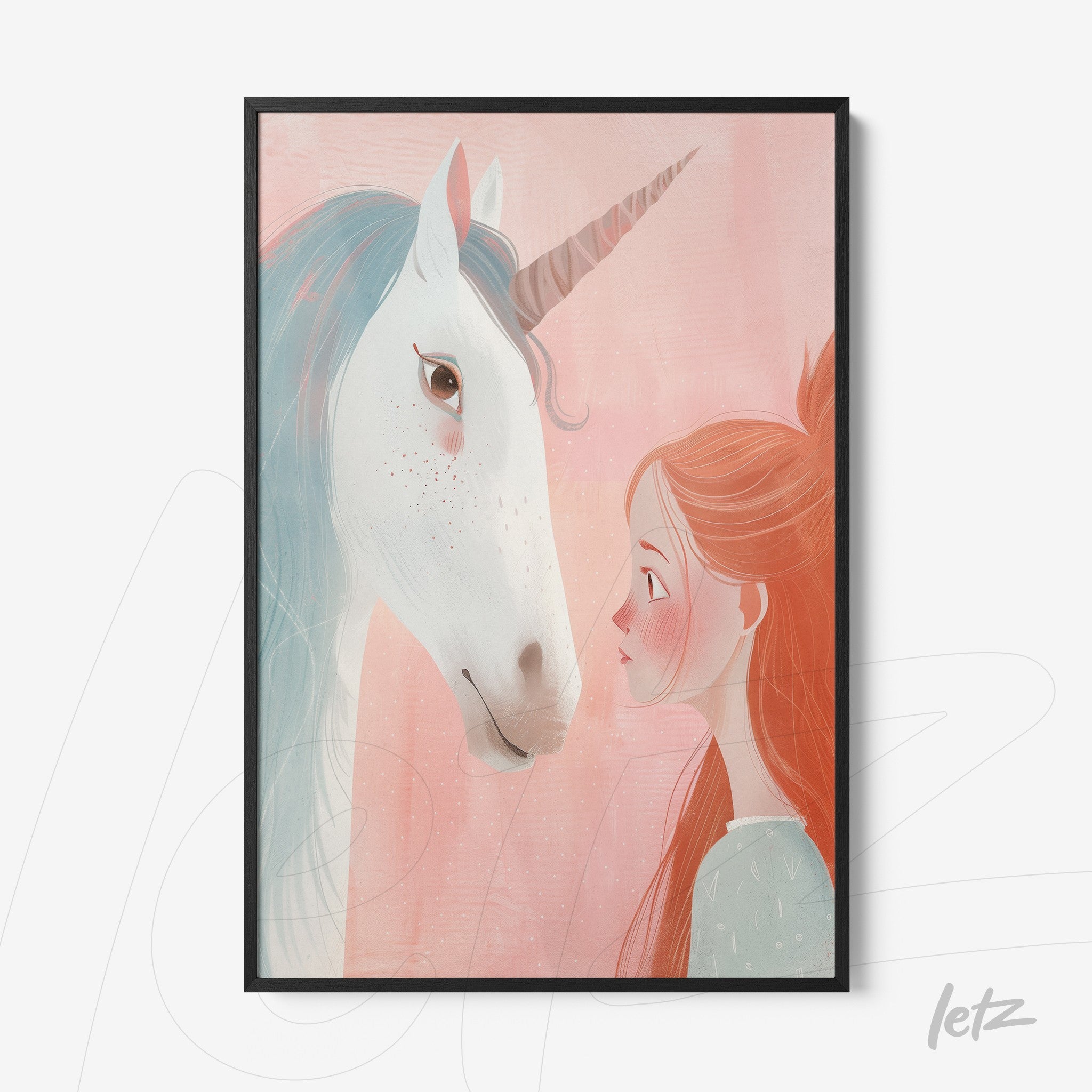 quadro com ilustração de um unicórnio e uma jovem mulher em fundo rosa suave, moldura preta