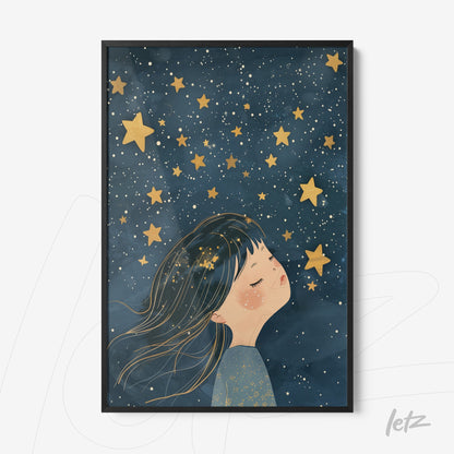 quadro com arte de menina sonhadora sob céu estrelado em moldura preta