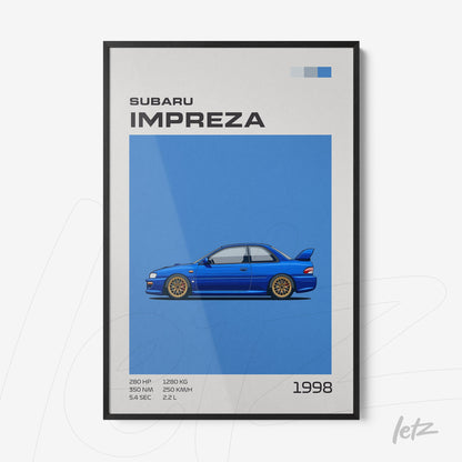 quadro com ilustração digital do carro Subaru Impreza em fundo azul com moldura preta