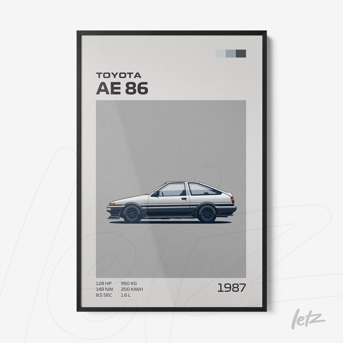 quadro com ilustração minimalista do carro Toyota AE86, em moldura preta com fundo claro