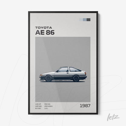 quadro com ilustração minimalista do carro Toyota AE86, em moldura preta com fundo claro