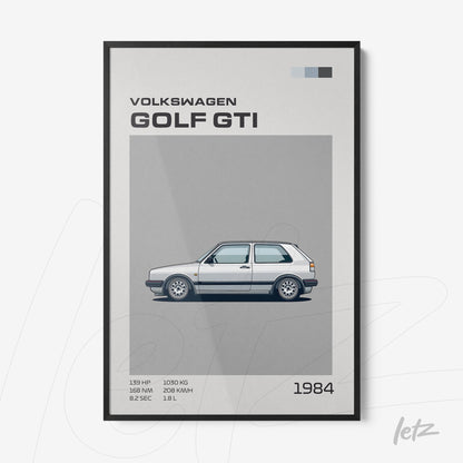 quadro decorativo ilustrativo do carro Volkswagen Golf GTI em moldura preta