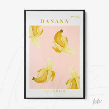 quadro com arte de bananas em fundo rosa com moldura preta