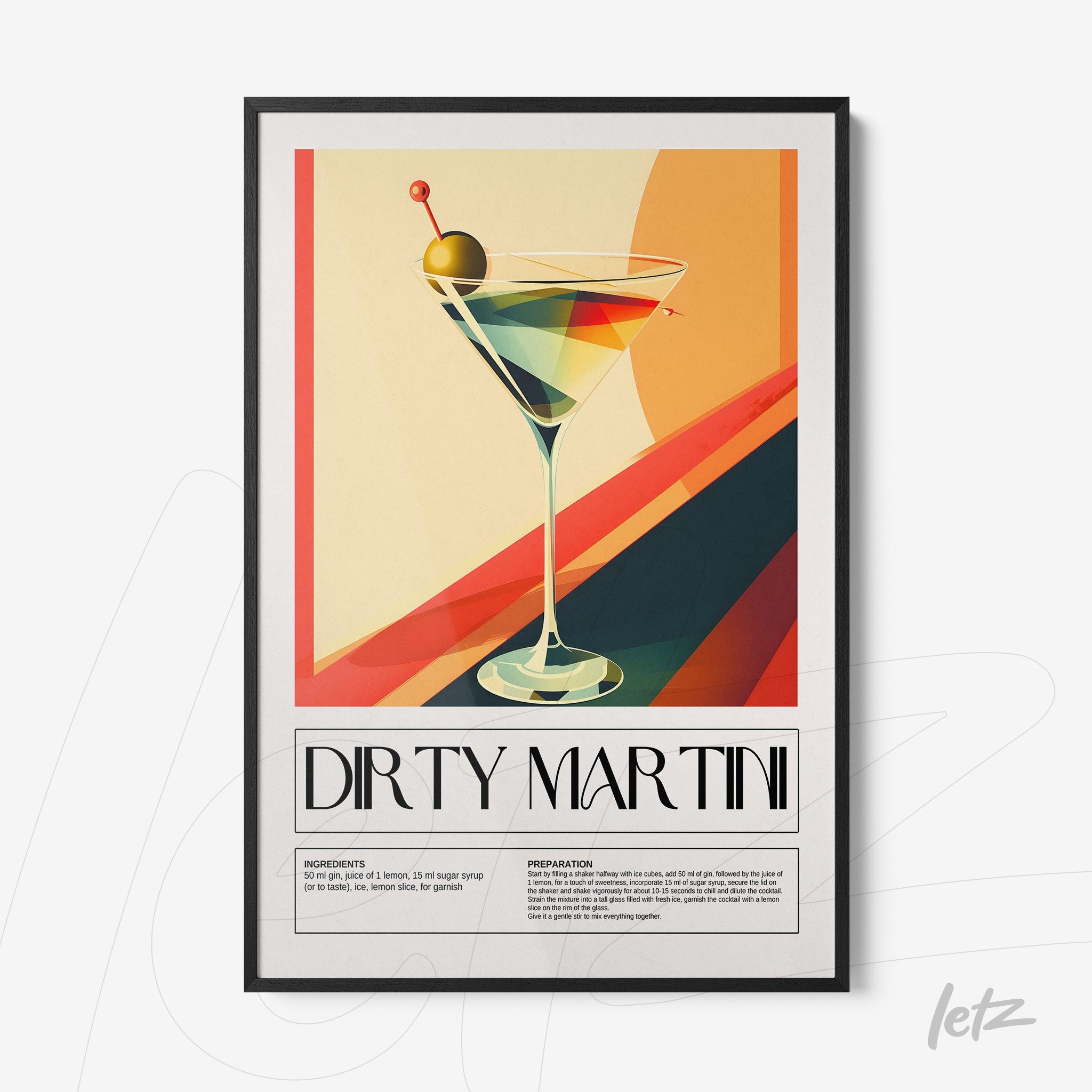 quadro com ilustração moderna de um drink dirty martini em moldura preta fina, com fundo colorido em gradiente