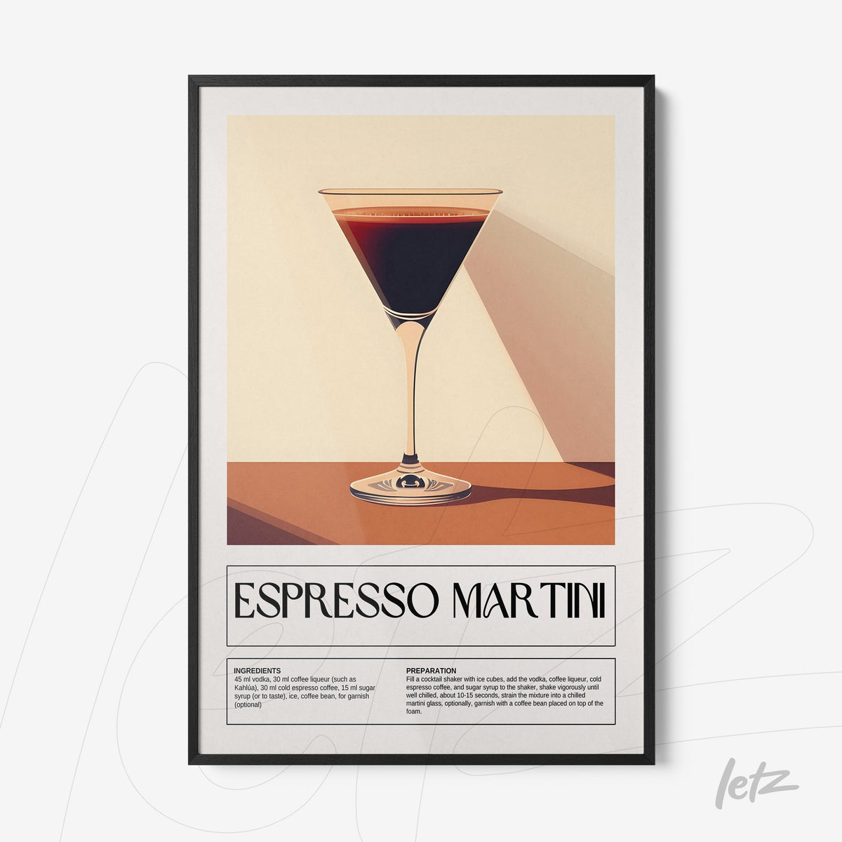 quadro com arte estilizada do drink espresso martini em moldura preta