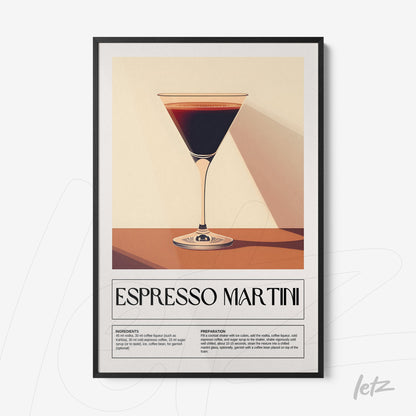 quadro com arte estilizada do drink espresso martini em moldura preta