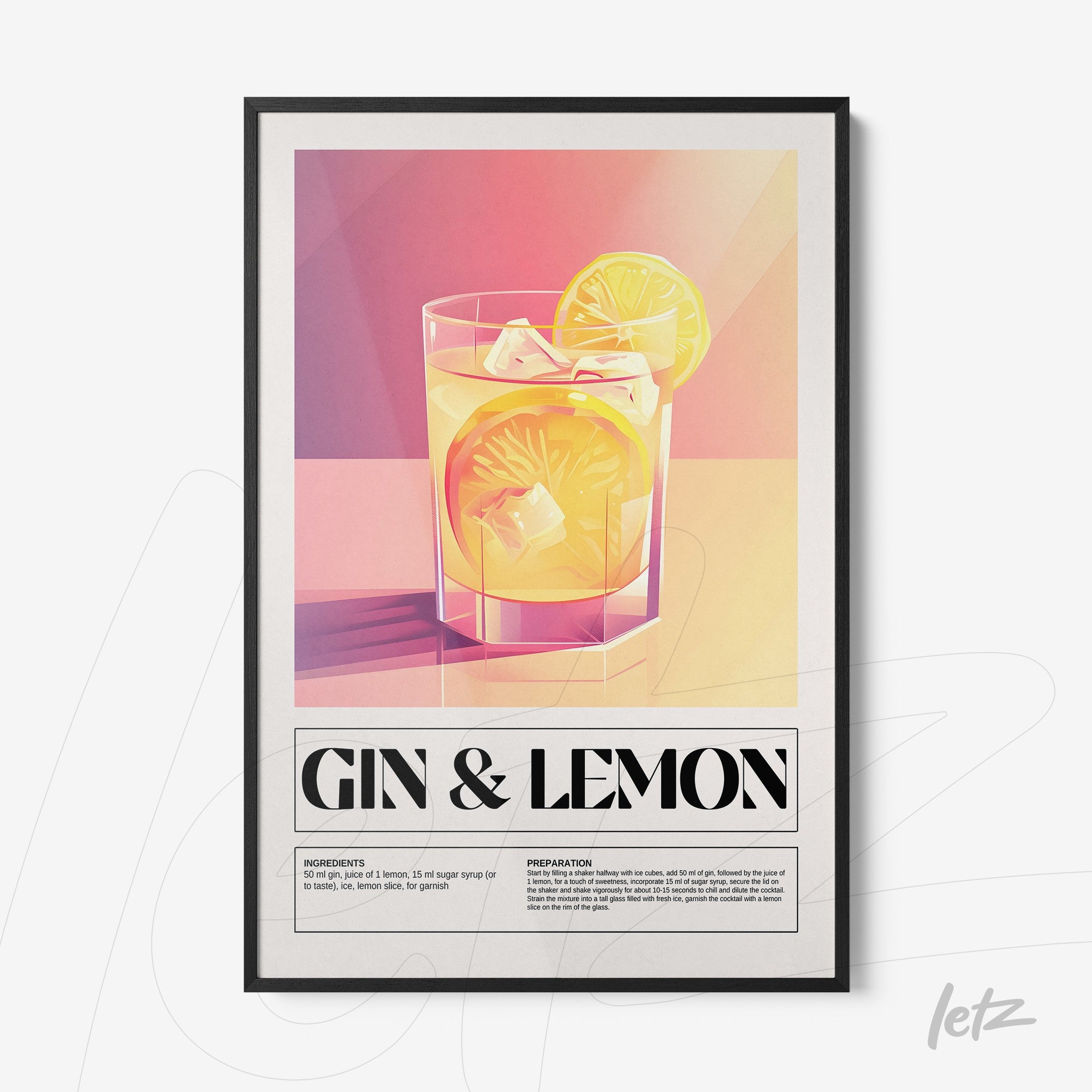 quadro emoldurado com ilustração estilizada de drink gin com limão em fundo degradê pastel