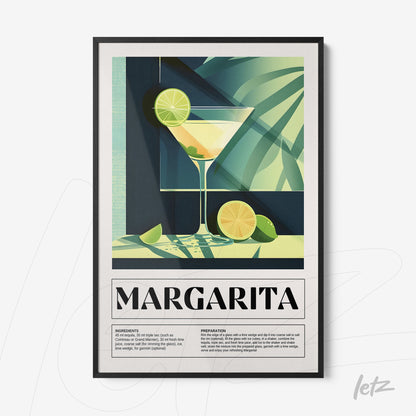 quadro com arte gráfica de um drink margarita em fundo verde com limões fatiados e sombra de folhas