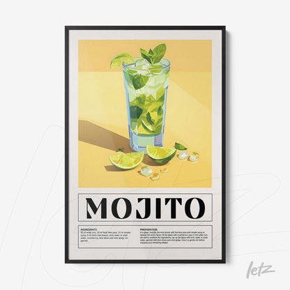 quadro com arte colorida de mojito em moldura preta fina, com fundo amarelo e detalhes em verde e branco