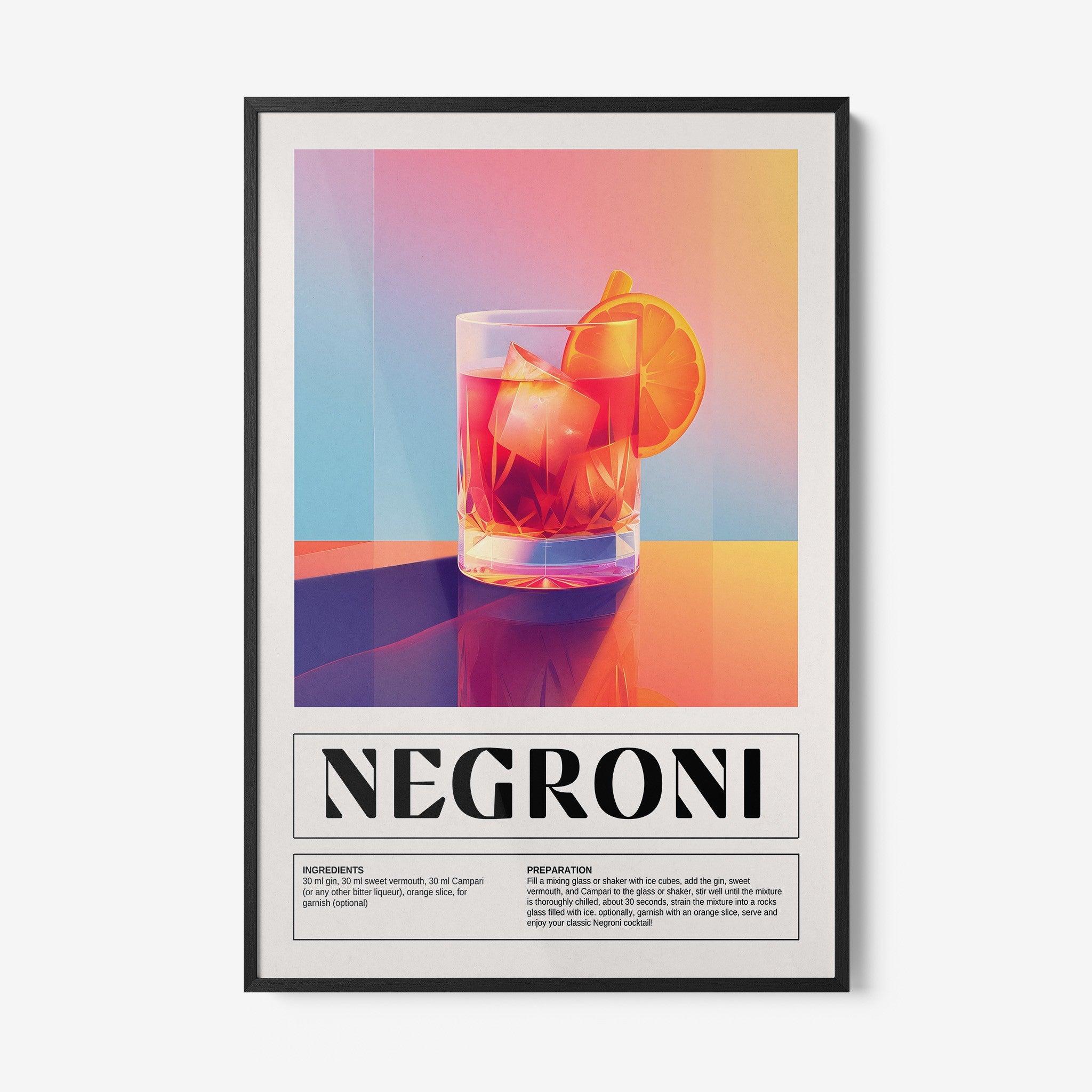 quadro com arte digital vibrante do drink negroni em moldura preta fina