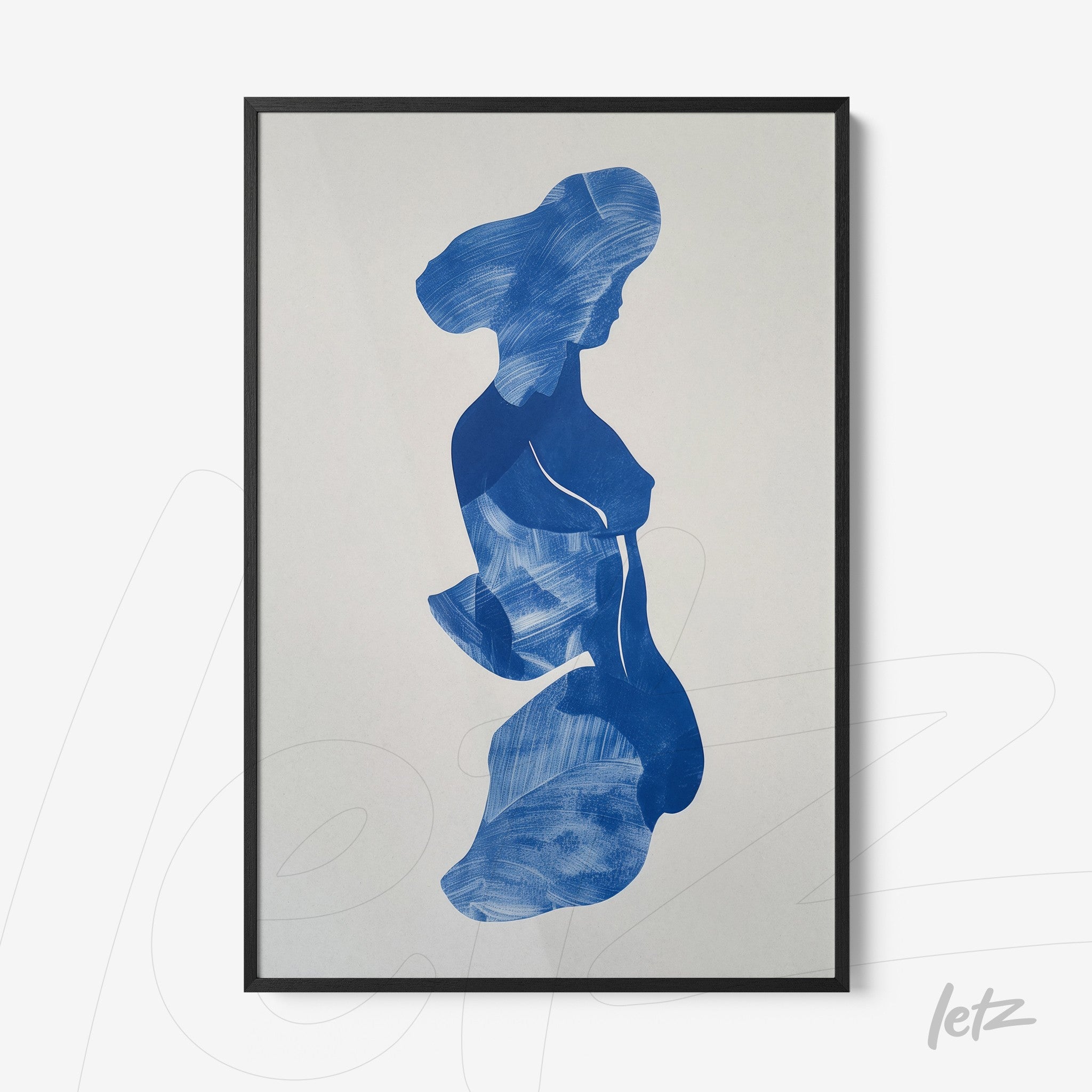 quadro com arte abstrata de silhueta feminina em tom azul, moldura preta