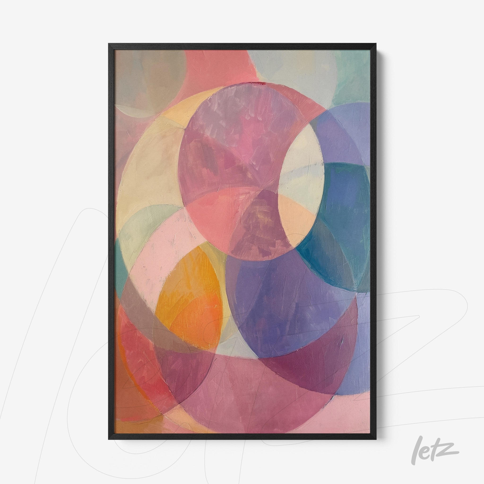 quadro com arte abstrata em formas circulares de cores pastel em moldura preta