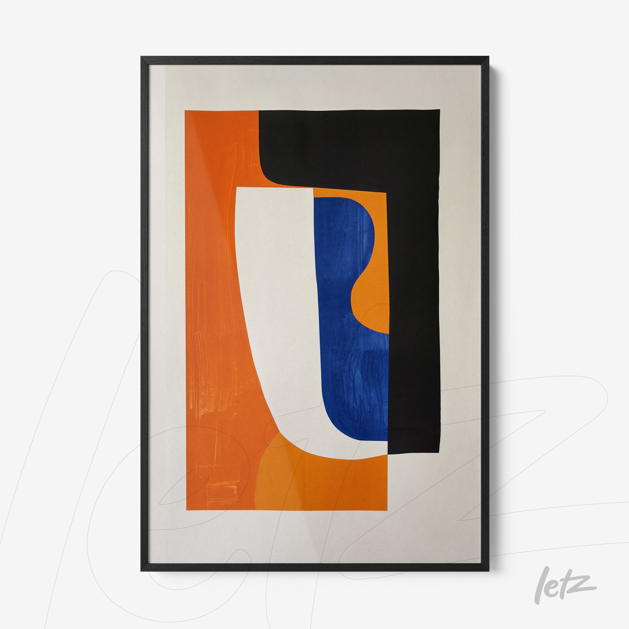quadro com ilustração abstrata em cores vibrantes de laranja, azul e preto com moldura preta