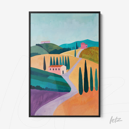 quadro em moldura preta com paisagem italiana colorida, featuring colinas verdes, casas rosa e fileiras de ciprestes sobre fundo azul