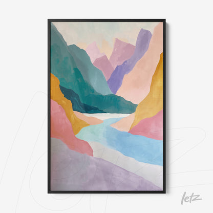 quadro com arte abstrata de paisagem montanhosa em moldura preta