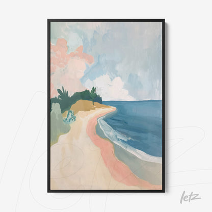 quadro com paisagem abstrata de praia em moldura preta com céu em tons pastel