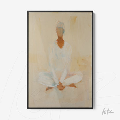 quadro com pintura abstrata de figura sentada em posição de meditação, moldura preta