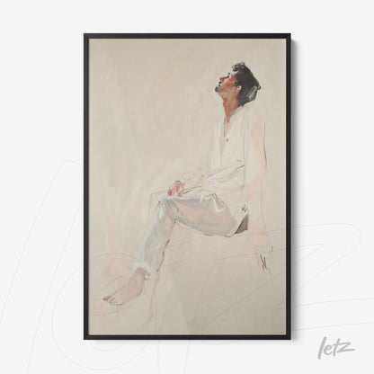 quadro com retrato artístico de homem sentado em pose contemplativa, com fundo suave e moldura preta