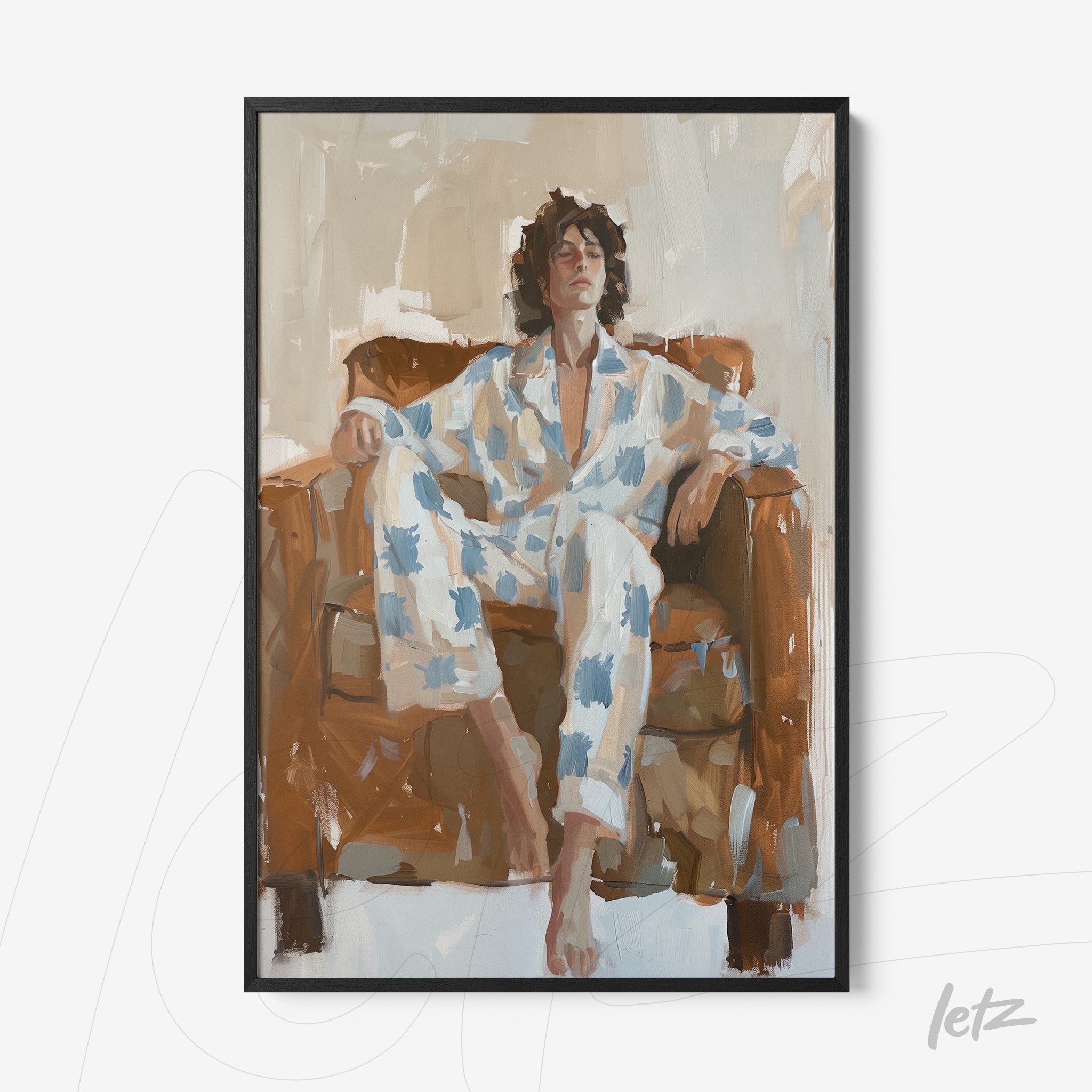 quadro com arte moderna de uma figura masculina sentada em um sofá, vestido com pijama azul claro e branco, moldura preta