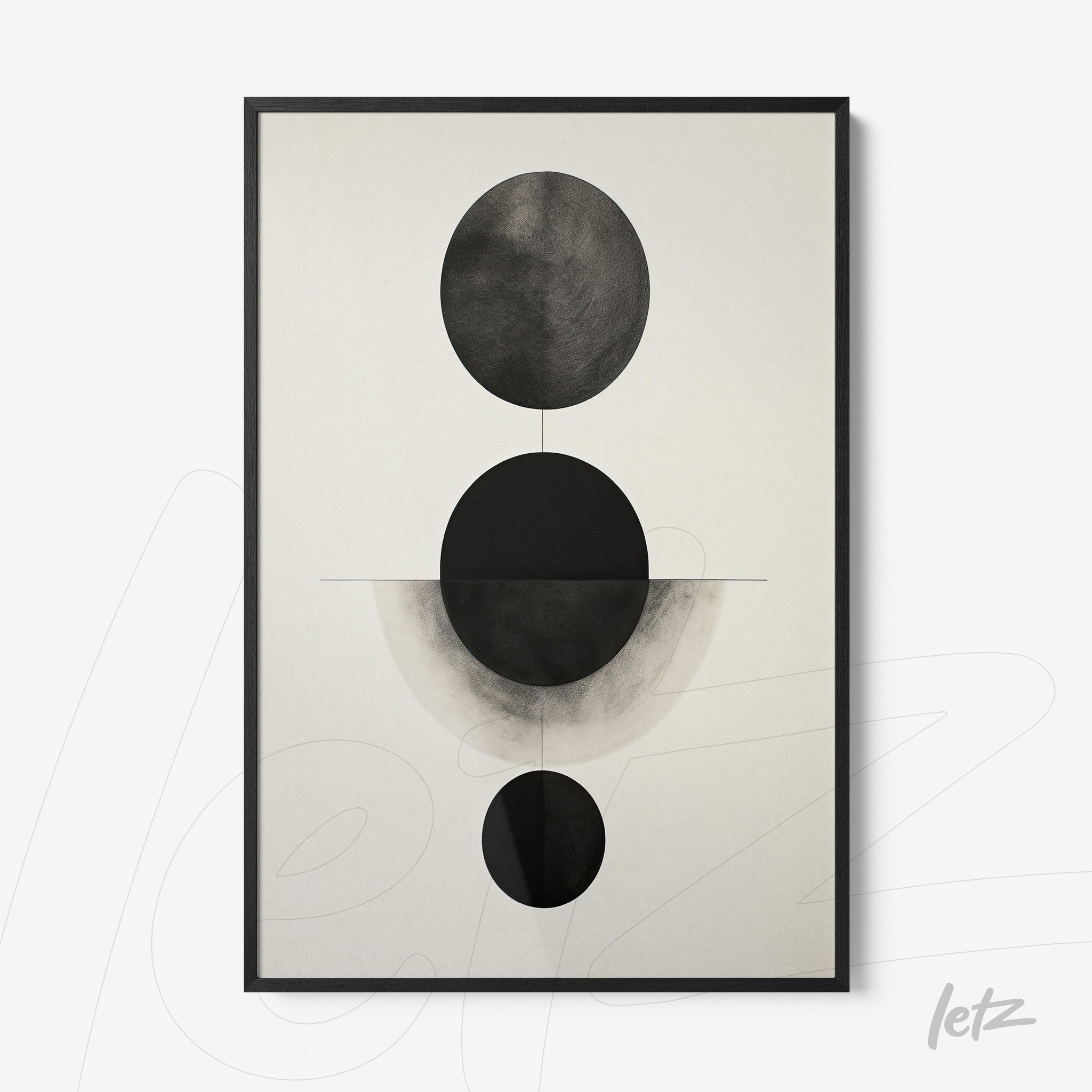 quadro com arte abstrata em preto e branco, apresentando círculos sobre fundo claro em moldura preta