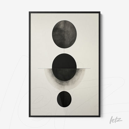 quadro com arte abstrata em preto e branco, apresentando círculos sobre fundo claro em moldura preta