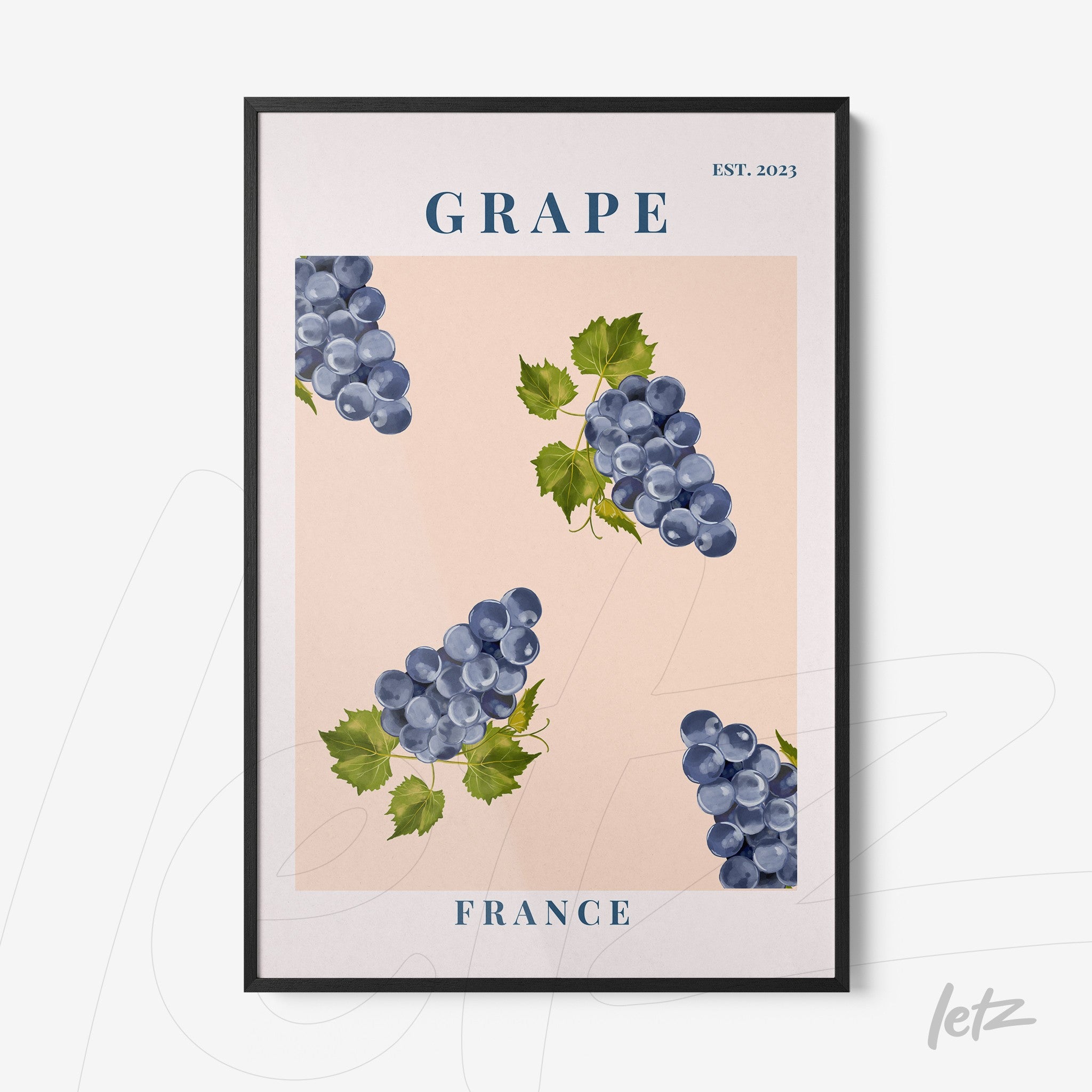 quadro com ilustração de uvas azuis sobre fundo rosa com moldura preta