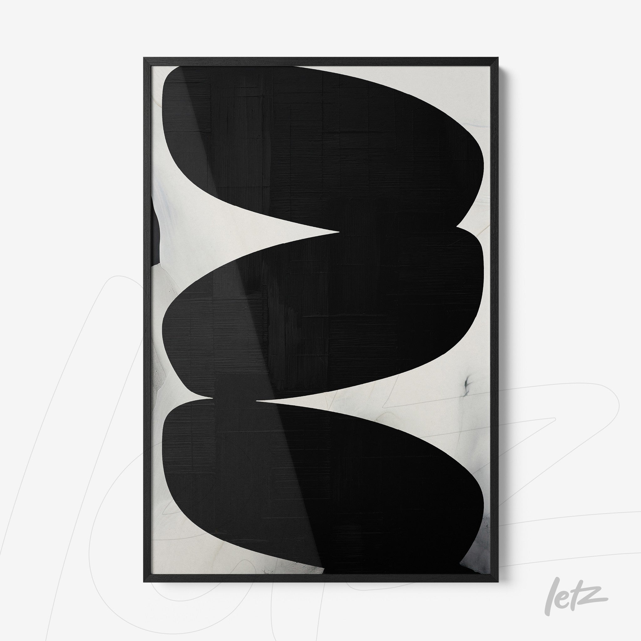 quadro com arte abstrata em preto e branco em moldura preta fina