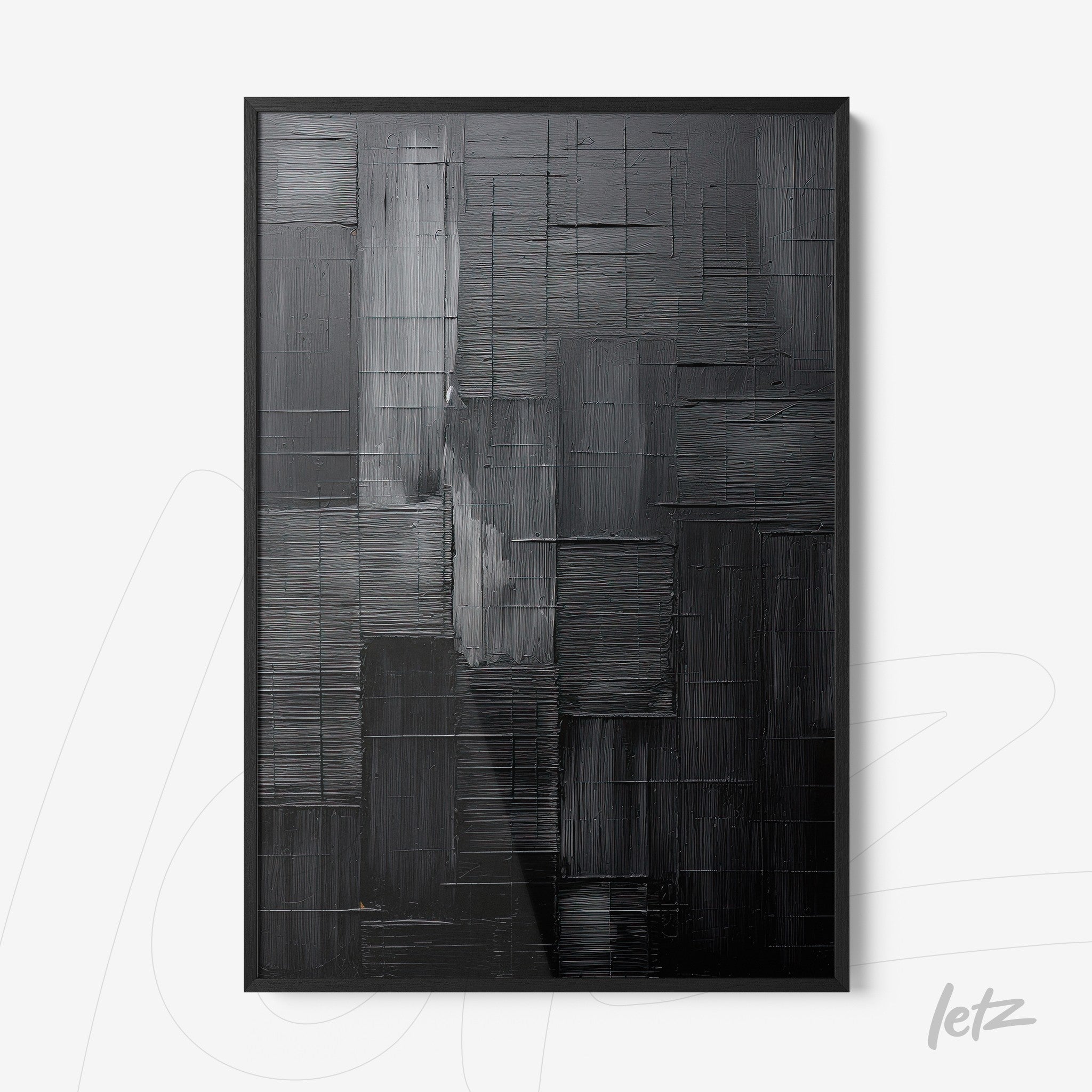 quadro em textura abstrata em tons de preto com moldura preta