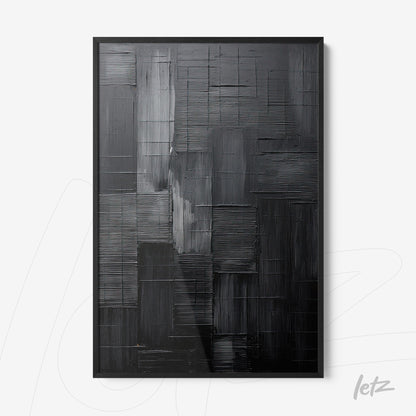 quadro em textura abstrata em tons de preto com moldura preta